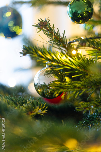 Christmas tree decorated with colorful balls	