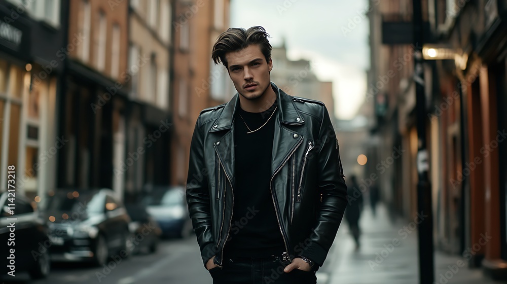 A male model wearing a leather jacket, walking down a city street on a crisp evening, confident pose A male model wearing a leather jacket, walking down a city street on a crisp evening, confident pose