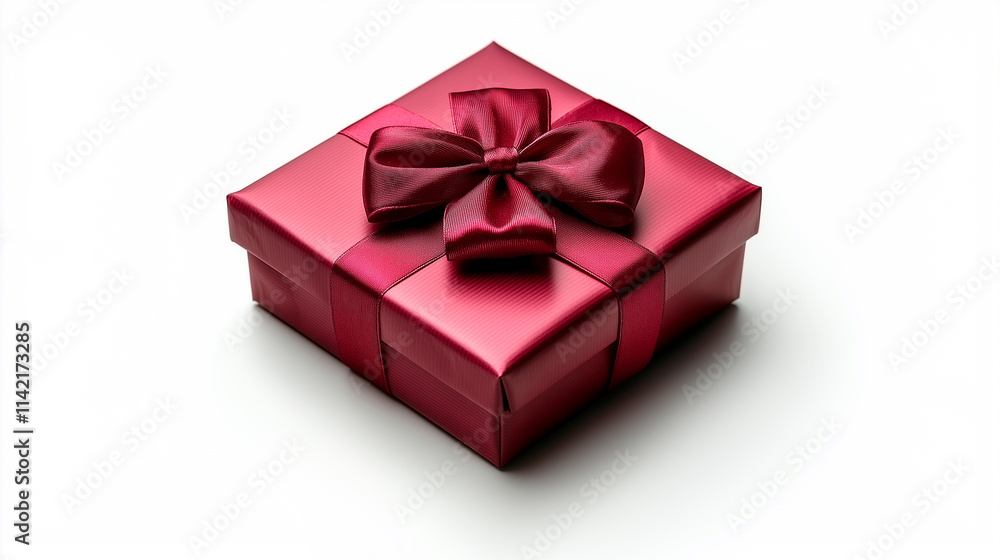 Elegant red Christmas gift box with shiny satin ribbon bow on white background Elegant red Christmas gift box with shiny satin ribbon bow on white background