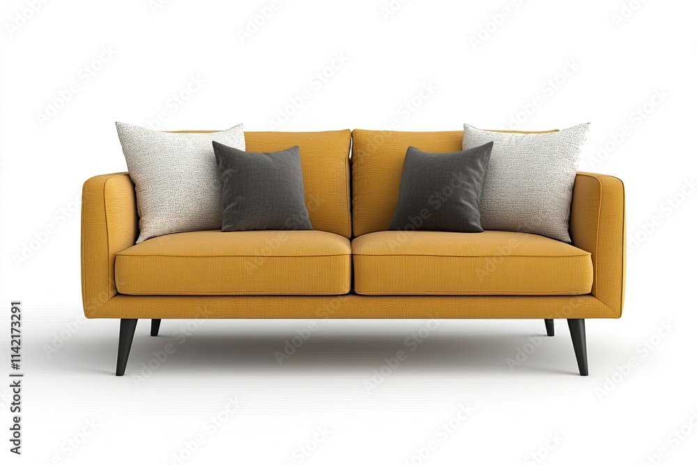 Fototapeta premium Stylish yellow sofa with cushions on black legs