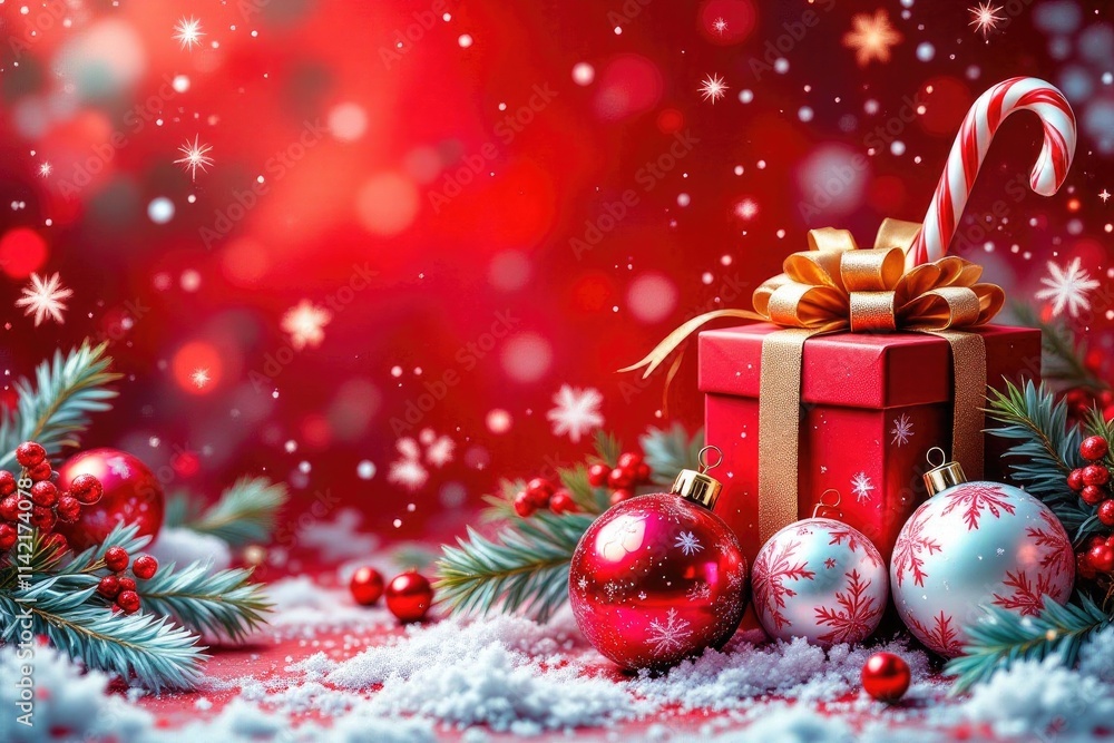 Festive christmas scene with red gift box and ornaments surrounded by snowy pinetree branches at red background. Festive christmas scene with red gift box and ornaments surrounded by snowy pinetree branches at red background.