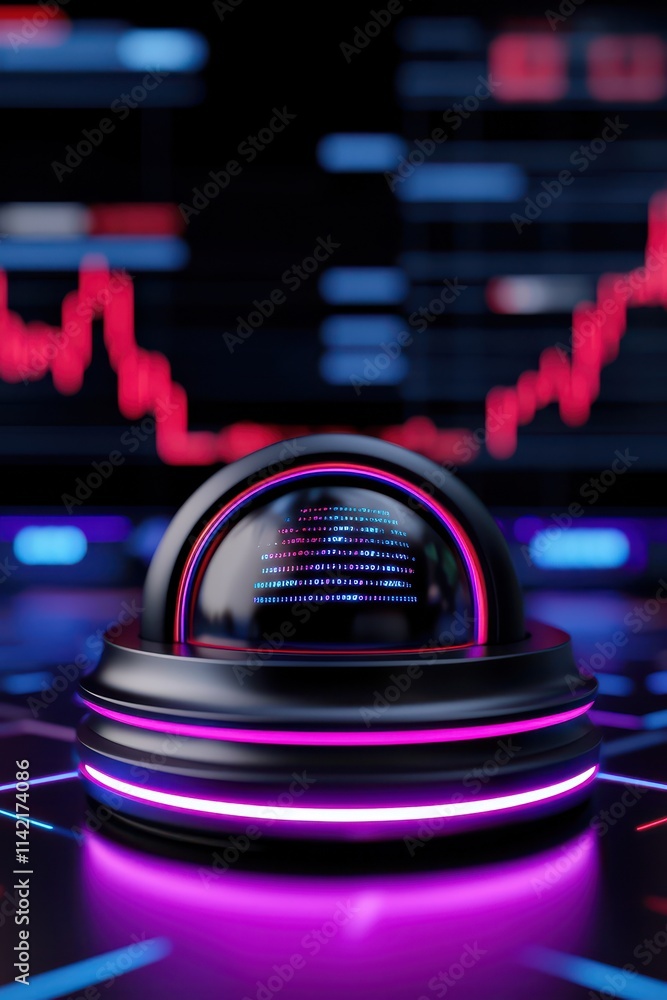 Futuristic digital orb displaying vibrant data trends and neon light reflections. Futuristic digital orb displaying vibrant data trends and neon light reflections.