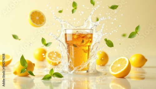 Refreshing splash of iced lemon tea with lemons and mint leaves