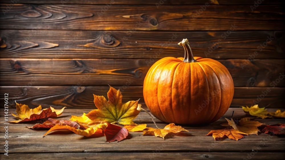 A large pumpkin sits on a wooden table with fallen leaves scattered around it in autumn colors against a dark wooden background, conveying warmth and coziness, fall leaves, rustic home decor A large pumpkin sits on a wooden table with fallen leaves scattered around it in autumn colors against a dark wooden background, conveying warmth and coziness, fall leaves, rustic home decor