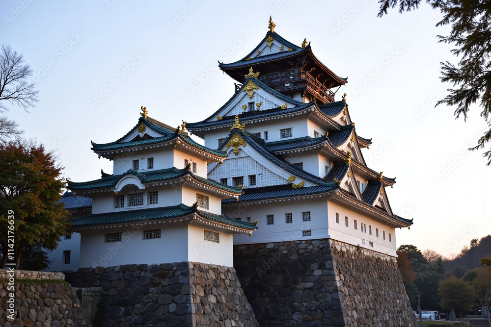 Himeji Castle at sunset with stone and tiled roof Himeji Castle at sunset with stone and tiled roof