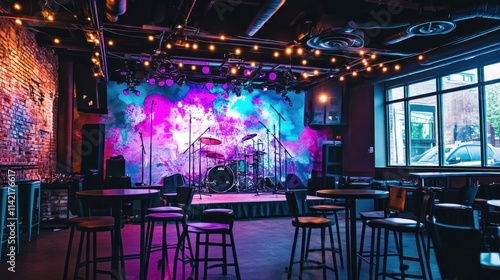 Intimate music venue with stage, drum kit, colorful backdrop, and small tables.