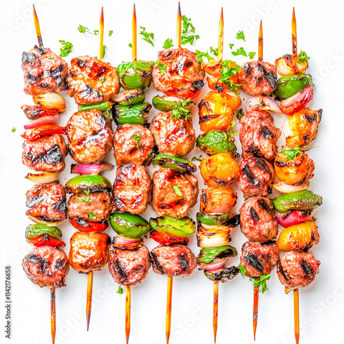 Set of delicious grilled kebabs on skewers, cut out isolated on white backround photo