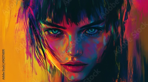 Vibrant colorful portrait of a woman with intense eyes.