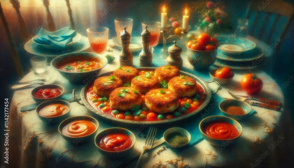 A beautifully presented dinner table featuring a gourmet meal with fresh vegetables, condiments, and an elegant atmosphere illuminated by warm candlelight.
A beautifully presented dinner table featuring a gourmet meal with fresh vegetables, condiments, and an elegant atmosphere illuminated by warm candlelight.