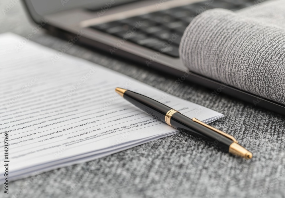 Fototapeta premium Professional Writing Setup with Laptop, Pen, and Documents