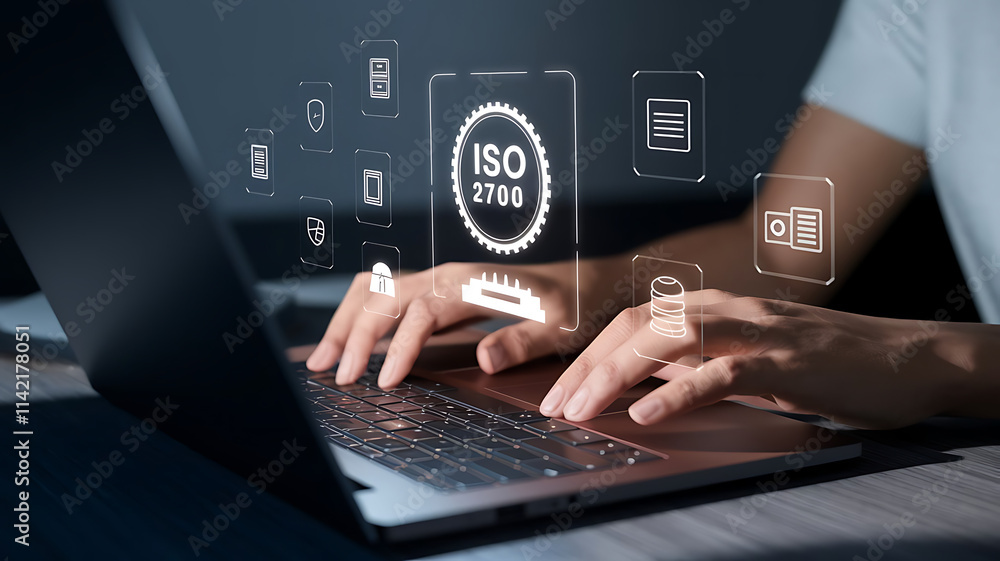 ISO 27001, ISO certification, ISO 27001 certified business, Information security management system. International Organization for Standardization. businessman doing ISO verification on a laptop ISO 27001, ISO certification, ISO 27001 certified business, Information security management system. International Organization for Standardization. businessman doing ISO verification on a laptop