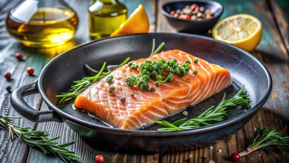 Fresh raw salmon fillet sizzling in a hot pan with oil and herbs, kitchen, salmon, kitchen,salmon, cuisine Fresh raw salmon fillet sizzling in a hot pan with oil and herbs, kitchen, salmon, kitchen,salmon, cuisine
