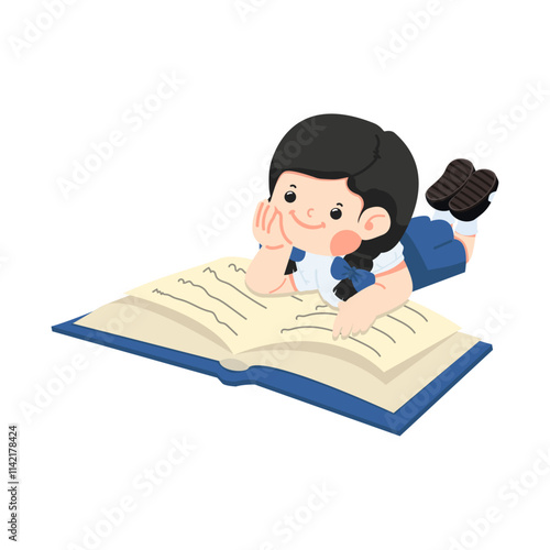 kid girl laying down  reading a book