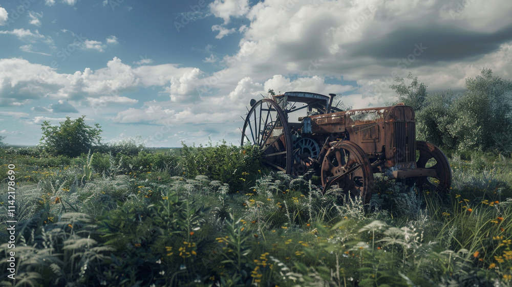 Fototapeta premium Rusty Farm Equipment: An image of rusty, abandoned farm equipment sitting in a field overgrown with weeds, symbolizing the decline of rural life and agriculture.