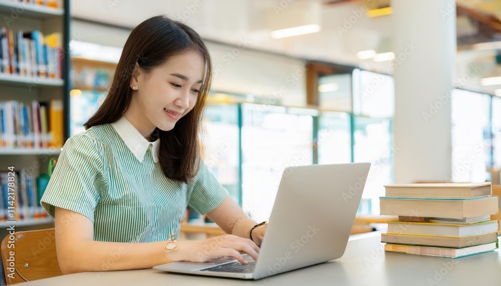 Young female student study in the school library.She using laptopYoung female student study in the school library.She using laptop Young female student study in the school library.She using laptopYoung female student study in the school library.She using laptop