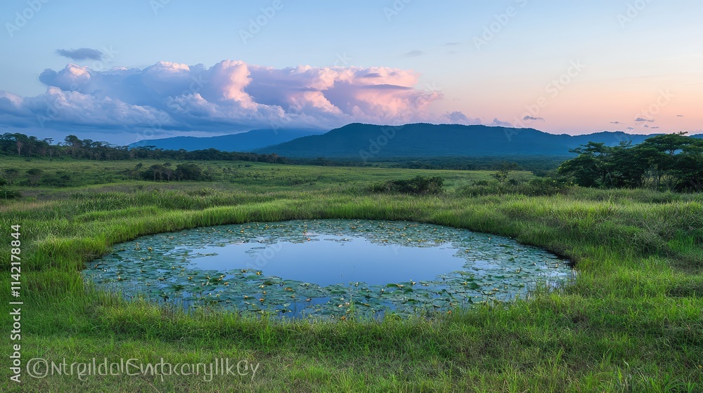 Obraz premium Serene Landscape with Reflective Pond and Lush Green Pastures