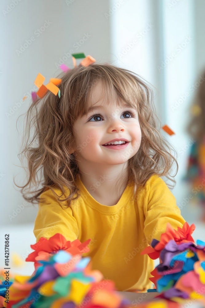 Happy child playing with colorful confetti in a bright indoor setting, enjoying creativity and fun moments Happy child playing with colorful confetti in a bright indoor setting, enjoying creativity and fun moments