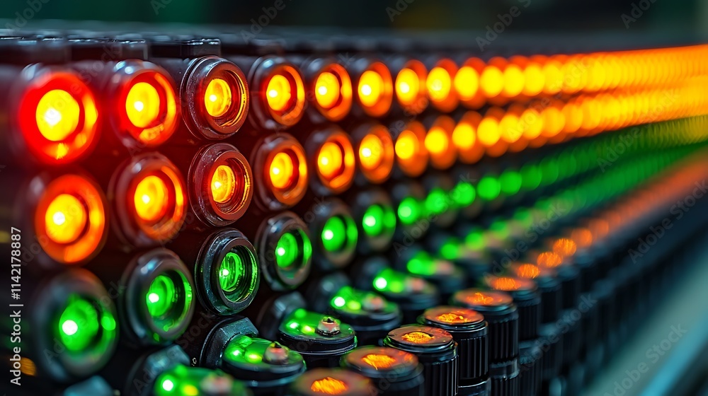Illuminated Industrial Control Panel Array With Colored Lights Illuminated Industrial Control Panel Array With Colored Lights