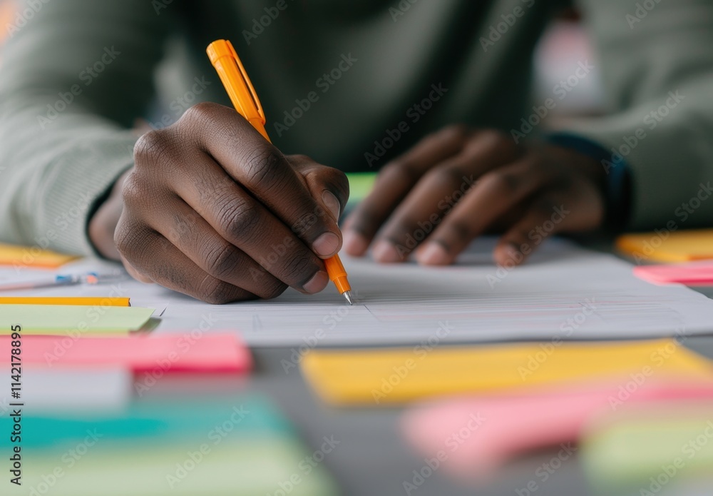 Person Writing on Paper Surrounded by Colorful Sticky Notes Person Writing on Paper Surrounded by Colorful Sticky Notes