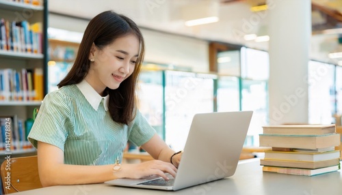 Young female student study in the school library.She using laptopYoung female student study in the school library.She using laptop