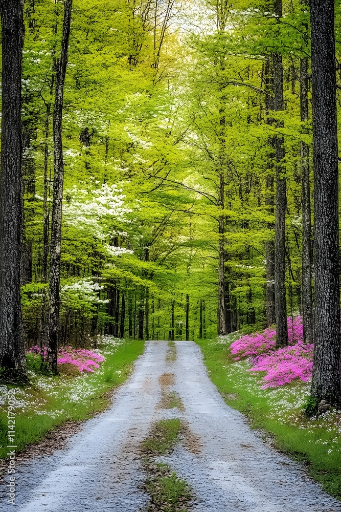 Obraz premium A serene dirt road through a lush green forest with blooming flowers.