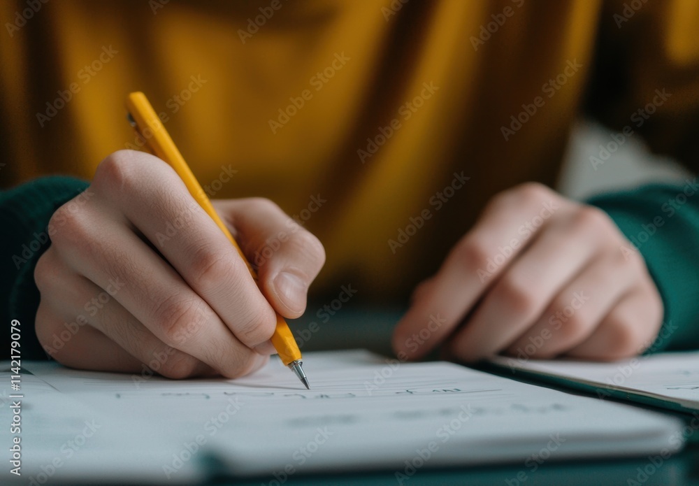 Young Person Writing Notes with Yellow Pen on Notebook Surface Young Person Writing Notes with Yellow Pen on Notebook Surface