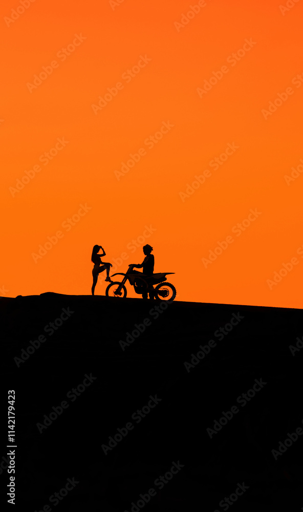 Silhouette of a girl and a man on a motorcycle. Silhouette of a couple and a motorcycle at sunset. Silhouette of a motorcycle racer and a girl at sunset. Silhouette of a girl and a man on a motorcycle. Silhouette of a couple and a motorcycle at sunset. Silhouette of a motorcycle racer and a girl at sunset.