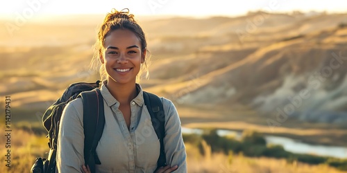 Travel blogger standing confidently in a scenic location with a bright smile photo