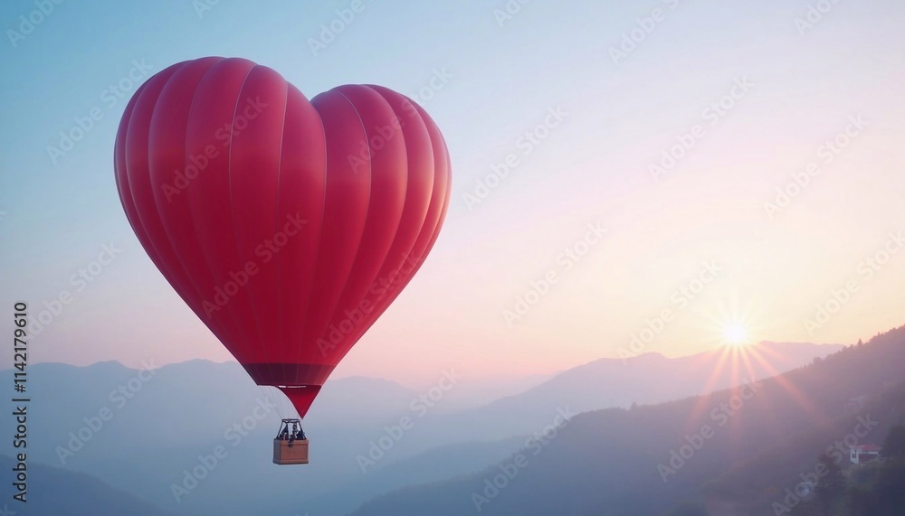 Fototapeta premium Beautiful red heart shaped hot air balloon with misty mountains in the background, love, rise, freedom, journey