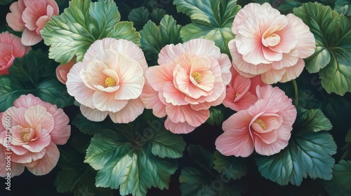 Pink Begonias Surrounded by Lush Green Leaves in a Botanical Setting