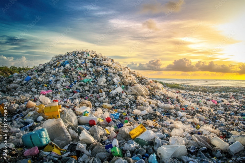 A large pile of plastic waste exists in the center of a field A large pile of plastic waste exists in the center of a field