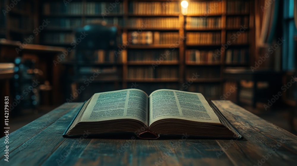 Open Book on Wooden Table in a Cozy Library Setting Open Book on Wooden Table in a Cozy Library Setting
