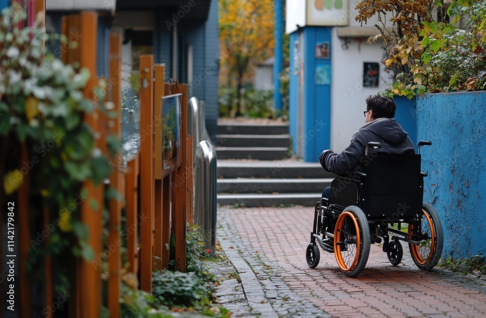 Obraz premium A man who is using a wheelchair is sitting right in front of a building