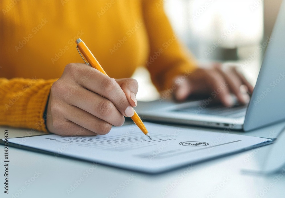 Hand Writing on Document with Orange Pen Near Laptop on Table Hand Writing on Document with Orange Pen Near Laptop on Table