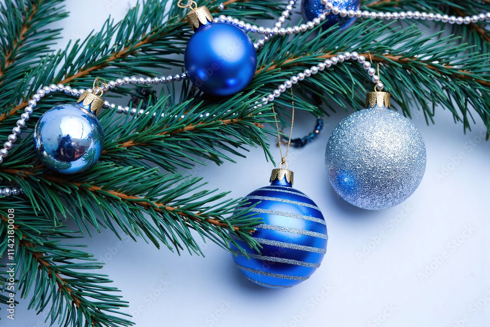 Fir branch with Christmas decorations in snow Fir branch with Christmas decorations in snow