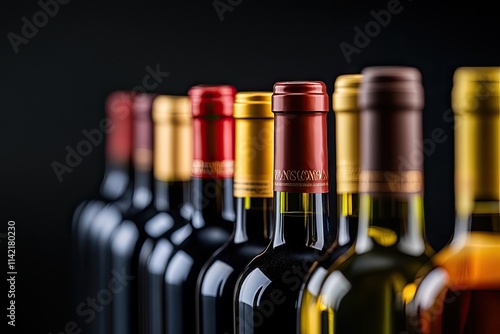 A perfectly arranged row of wine bottles elegantly lined up on a shelf photo