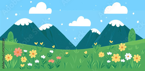 Lush green grass spreads across the foreground, adorned with vibrant flowers in various colors. Scenic landscape featuring colorful flowers and snowy mountain peaks under a clear blue sky.