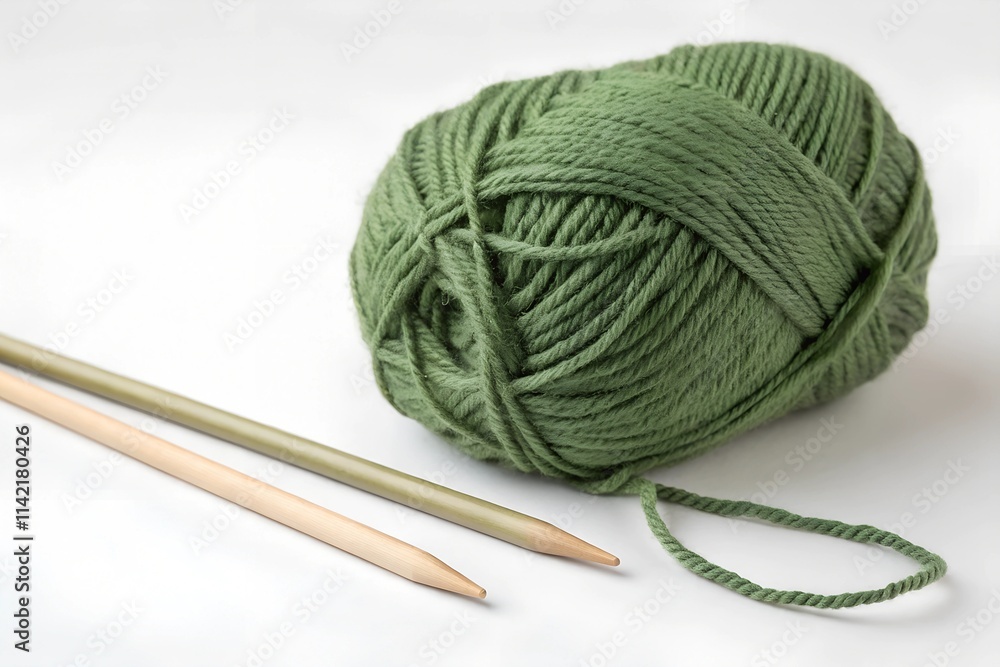 Green wool yarn with knitting needles isolated on white background. Hobby, craft concept. Green wool yarn with knitting needles isolated on white background. Hobby, craft concept.