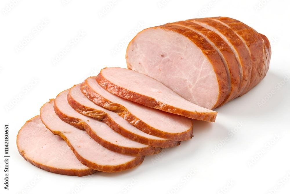 Sliced boiled sausage with ham isolated on white background Sliced boiled sausage with ham isolated on white background