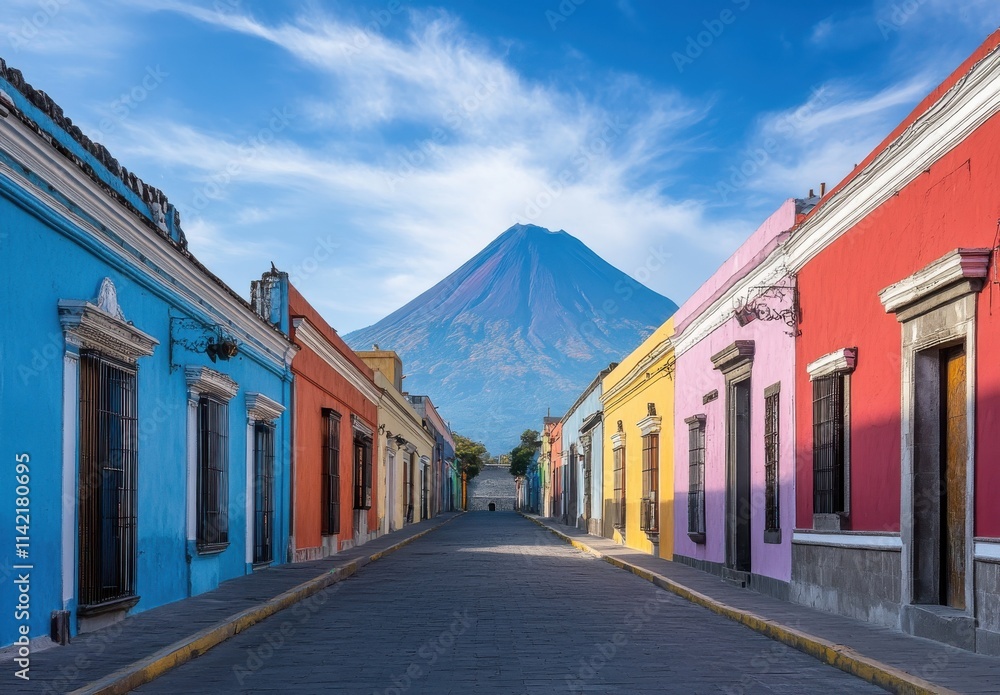 Naklejka premium A spider crawls down a cobblestone street among colorful buildings