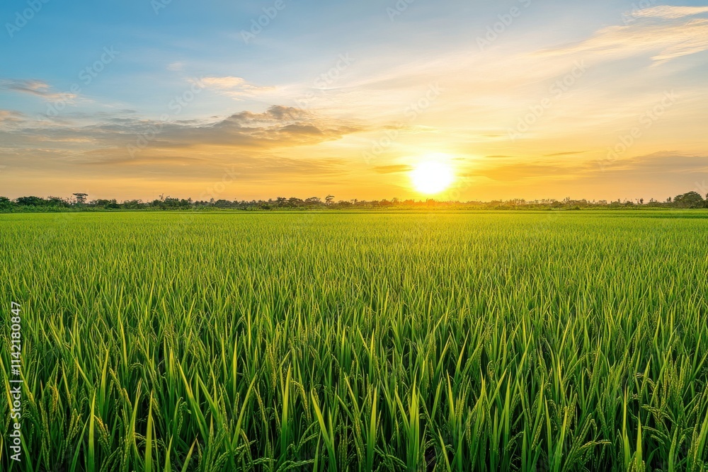 The sun is slowly setting over a beautiful green field nearby The sun is slowly setting over a beautiful green field nearby