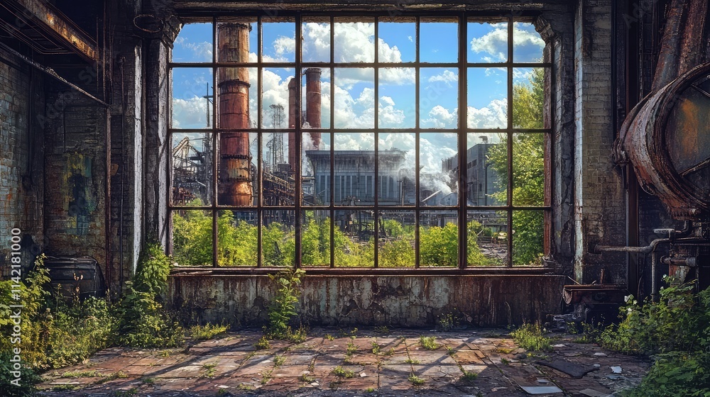 Naklejka premium Overgrown Factory View Through Large Old Window with Blue Sky