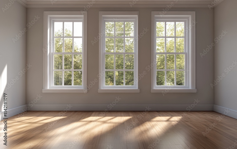 Fototapeta premium A vacant room featuring a smooth wooden floor and three large windows