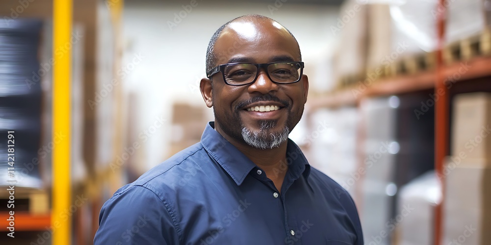 Male logistics coordinator standing proudly in a warehouse, overseeing inventory management Male logistics coordinator standing proudly in a warehouse, overseeing inventory management