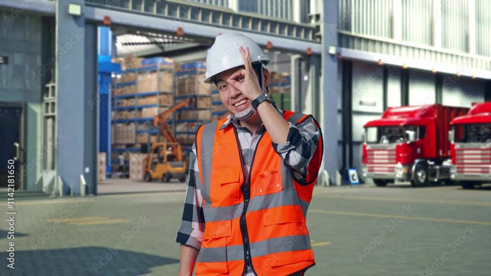 Asian Male Engineer With Safety Helmet Showing Ok Hand Sign Over Eye And Smiling To Camera While Standing , Outside of Logistics Distributions Warehouse Asian Male Engineer With Safety Helmet Showing Ok Hand Sign Over Eye And Smiling To Camera While Standing , Outside of Logistics Distributions Warehouse