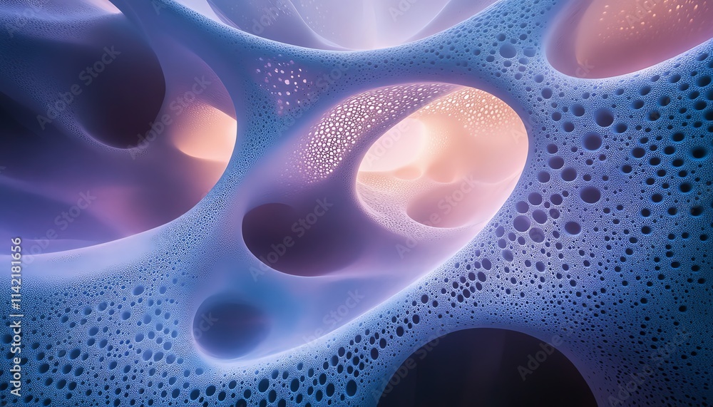 Surreal organic structure with intricate curves, blending shades of deep blue and purple, illuminated by soft light in an ethereal, digital environment Surreal organic structure with intricate curves, blending shades of deep blue and purple, illuminated by soft light in an ethereal, digital environment