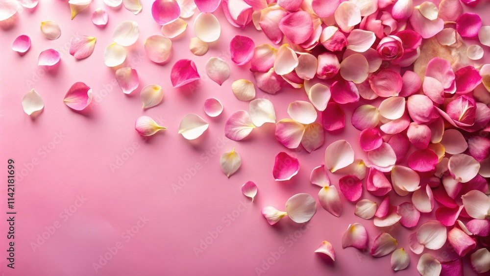 Delicate rose petals scattered on a vibrant pink and white background Delicate rose petals scattered on a vibrant pink and white background