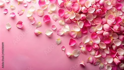 Delicate rose petals scattered on a vibrant pink and white background