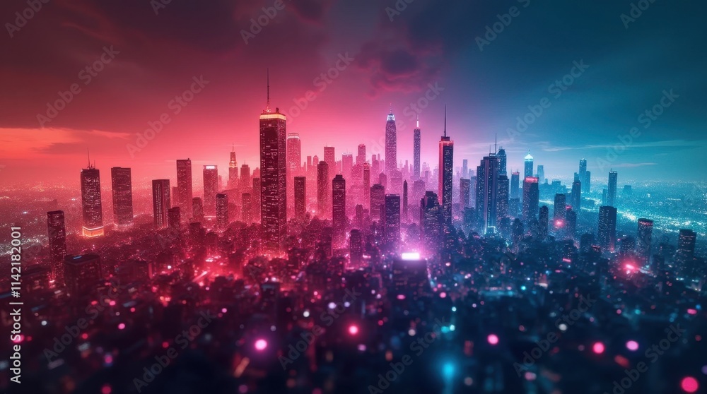 Obraz premium Futuristic City Skyline with Rainbow Light Painting