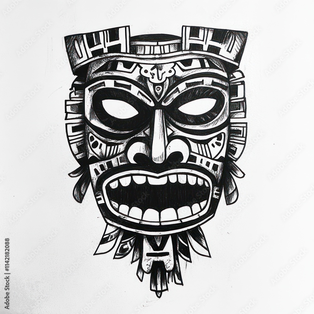 Naklejka premium Intricate Monochrome Tribal Mask Design Drawing